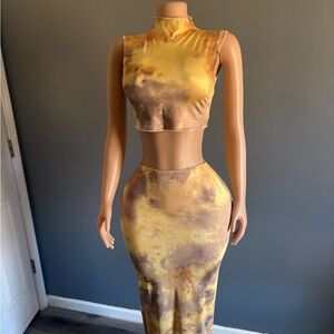 Nouveau Riche Yellow and Brown Skirt Set